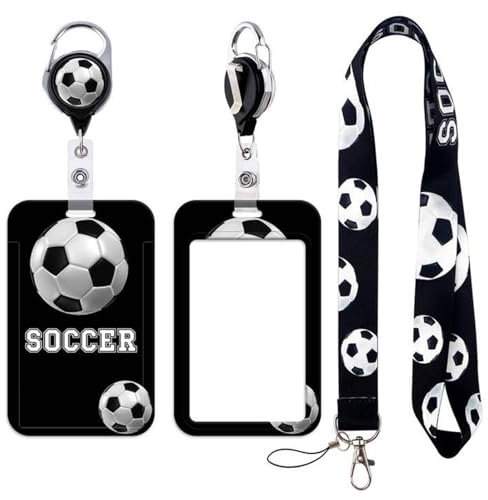BKBKAAK Fußball-Ausweishalter mit Umhängeband, einziehbarer Spule, Namensschild-Clip, schwarzes Sport-Schlüsselband mit Schlüsselanhänger für Jungen, Lehrer, Trainer