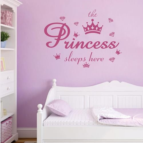 Vinyl Wall Decals Quote The Princess Sleeps Here Pink Crown Diamond Wall Stickers Removable DIY Art Words Mural Wallpaper Decor for Girls Kids Bedroom Nursery Home Decoration