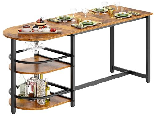 sogesfurniture Esszimmertisch 180x60 cm, robuster Esstisch in Metallgestell, industrieller Küchentisch mit Weinglashalter, 2 Ablagefläche, für Esszimmer, Wohnzimmer, Vintagebraun