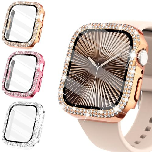 WINGLE Confezione da 3 pellicole protettive per schermo Apple Watch 46 Series 10, da donna, lucide, con pellicola protettiva in vetro temperato per iWatch Case da 46 mm, serie 10 (oro rosa, rosa,