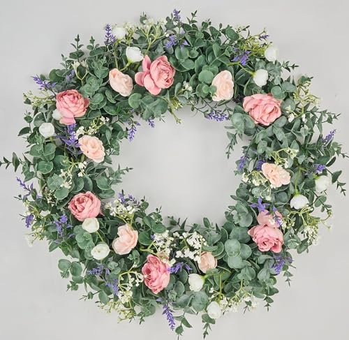 Avoceo Künstlicher Kranz für Haustür, ganzjähriges Grün, Frühling & Sommer, dekorativer Haustürkranz mit Blumen für Türdekoration, perfekt für Bauernhaus, Hochzeiten und saisonale Dekoration (B Rose)