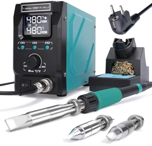 YIHUA 939D+ IV 300W Saldatore a Stagno Pesante Per Vetro Colorato,Stazione Saldante Regolabile Alla Temperatura Con Saldatore Rimovibile,3 Punte Di Saldatura,3 Canali Pre-impostati,ESD-sicuro(EU Plug)