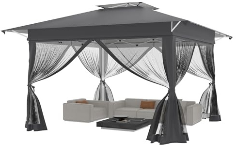 NAIZY Gazebo pieghevole, 4 x 4 m, con zanzariera, parete laterale, con borsa per il trasporto con ruote, tenda pieghevole in metallo + panno Oxford, tenda regolabile in altezza, colore antracite