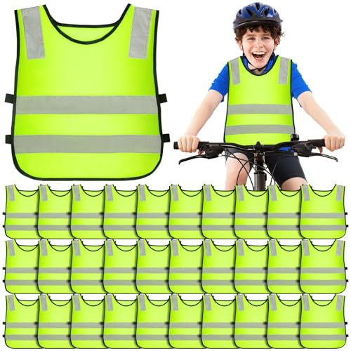 30 Pack Kids Hi Vis Vests Bulk, Neon Yellow Reflective Safety Waistcoats | Children High Visibility Vests for School Trips, Walking Bus, Cycling, Running, Sports, Skiing and Outdoor Activities