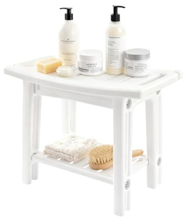 BLUE BAZAAR Shower Bench 2-Tier Bathroom Stool Footstool Plastic Shower Stool with Handles Portable Waterproof for Inside Shower, Bathroom,Living Room, Bedroom (White)