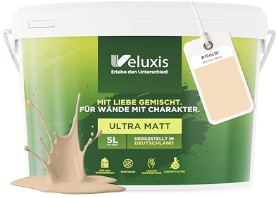 Veluxis® Peinture murale beige pour intérieur - 5 litres et classe de couverture 1, sans traces, anti-gouttes et écologique, sans COV - (Muscat Wine)