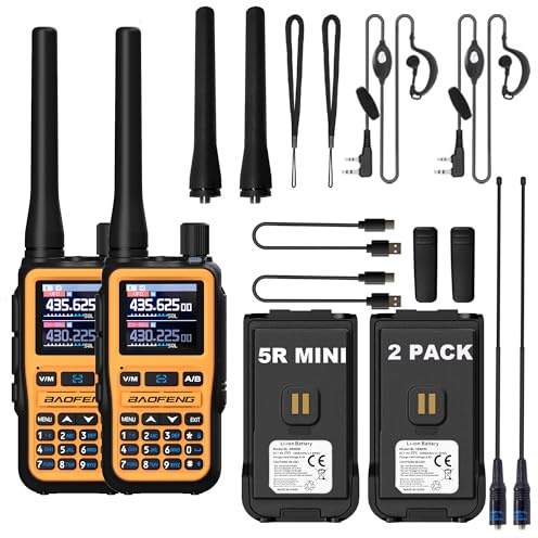 2Pack BAOFENG UV-5R Mini Walkie Talkie BF-5R Mini Two Way Radio Bluetooth Power Adjustable Tiny Size Type-C Four Colors Frequency Copy 999 Channels with 771 Antenna and Earphone (Orange)