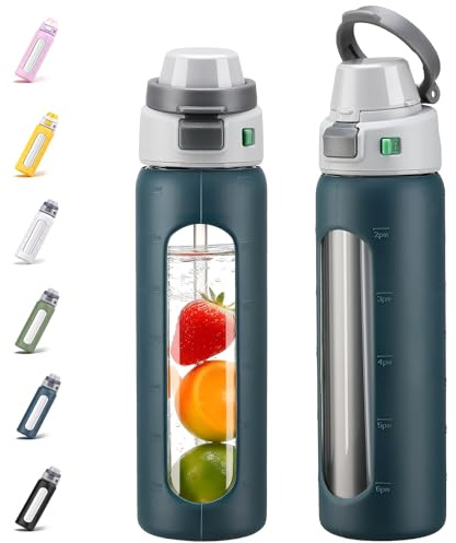 BLUEGO 2 en 1 Bouteilles d'eau en Verre borosilicate avec Paille pour Sport et Voyage, 700 ml Gourde avec Housse en Silicone, Étanchéité Garantie,Sans BPA,Bleu foncé