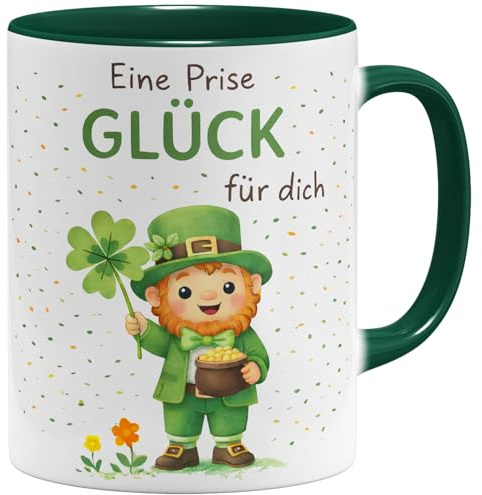 OM3® Eine Prise Glück Kaffee-Tasse mit Spruch - Liebevolle Spruchtasse mit Irischer Kobold Leprechaun - Keramik Becher - 325ml - Beidseitig Bedruckt - Grün