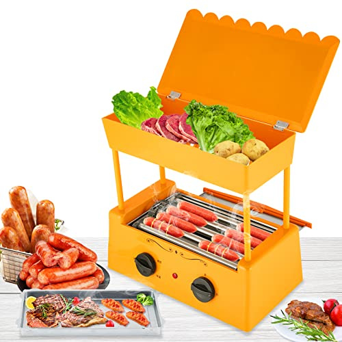 2 in 1 Hot Dog Roller Grill Cooker Machine with Storage Box, Baking Pan, and Oil Pan for Pan Fried Foods, 360 Degree Rotating Grill, 300W Power, 240℃ Temperature Control