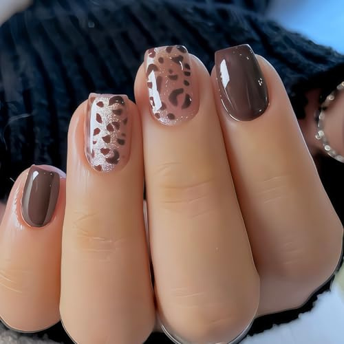 24 PCS Short Square Fake Nail, Brown Leopard Print Accessories Glitter Design, Full Shiny Finish Leopard Print Nails, Petite False Nails, Short Glue On Nail For Women