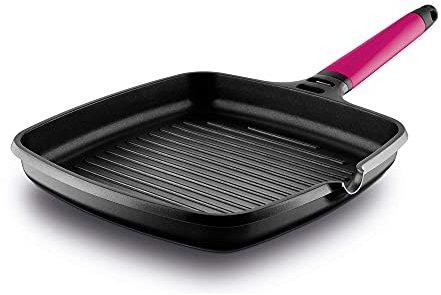 CASTEY - Grill Asador de Inducción de Fundix, 27 cm, Modelo F14-IG27, Color Magenta, Mango Desmontable, Sartén Antiadherente de Aluminio, Distribución Homogénea del Calor