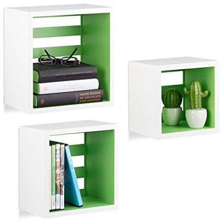 Relaxdays Hängeregale Cube, Wandregal 3er Set, quadratische Würfel Regale für Wand, schwebende Regale, MDF, weiß/grün