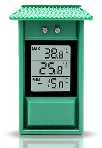 Termometro esterno giardino digitale da parete capanna - Termometro Mini/Maxi - Facile da fissare - Lettura immediata - Memoria dei minimi e massimi - IPX2 - Per giardino, serra - 13x8CM - Verde