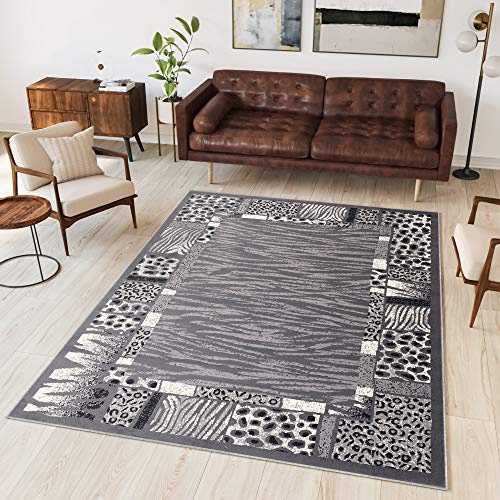 TAPISO Dream Teppich Kurzflor Grau Creme Schwarz Modern Meliert Tiger Jaguar Afrika Tiermotiv Muster Designer Wohnzimmer ÖKOTEX 250 x 350 cm
