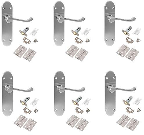 Golden Grace Epsom Design Victorian Scroll Door Handles on Shaped Backplate in Brushed Satin Chrome with Hinges and Latches, 6 Sets