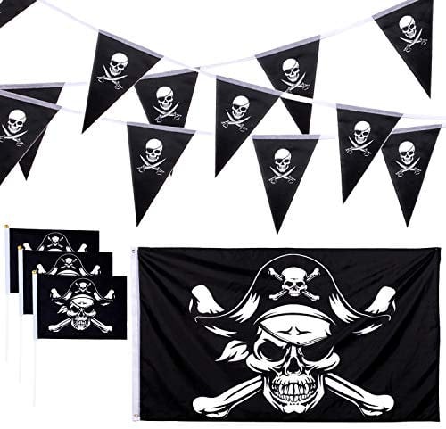 Whaline 12 Pack Halloween Skull Pirate Flag Set, 3x5ft Jolly Roger Flag, 19.7ft Pirate Bunting Banners and 10 Pieces Pirate Small Handheld Flags with Sticks for Halloween Pirate Party Decoration