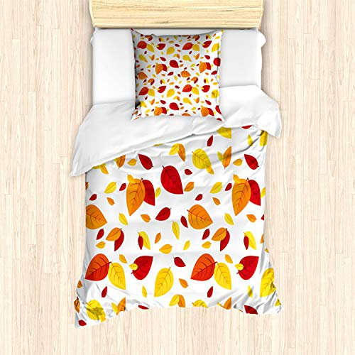 ABAKUHAUS Bunt Bettbezug Set für Einzelbetten, Saisonale Herbstblätter, Milbensicher Allergiker geeignet mit Kissenbezug, Rot Orange Gelb