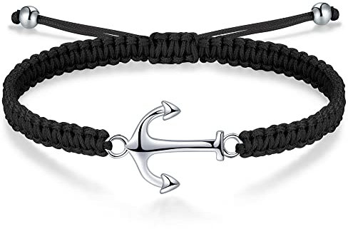 J.Endéar Anker Armband für Damen Herren Silber 925 Handgemachtes Geflochten Filigran Seil Kordel Sommer Meer Schmuck Geschenk, Schwarz