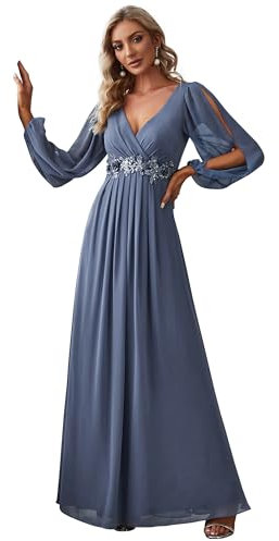 Ever-Pretty Robe de Soirée Grande Taille Femme Longue Manche Longue Col V en Mousseline Applique Plissé Bleu Denim 44