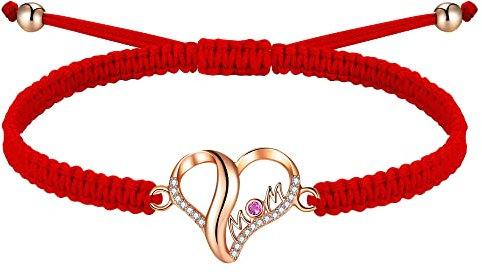 J.Endéar Mutter Herz Roségold Armband für Damen Silber 925, Kordel Seil Verstellbares Handgefertigt Geflochtene Armband Rot Cubic Zirkonia Schmuck Mama Geschenk, Rote