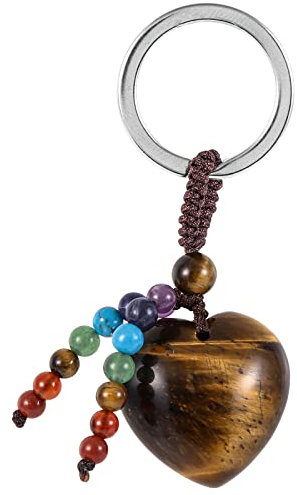 KYEYGWO Tigerauge Kristall Herz Schlüsselanhänger für Unisex, 7 Chakra Stein Schlüsselring Deko Herzform Edelstein Taschenanhänger Leibe Anhänger für Schlüsselband Schlüsselbund Schlüsselkette