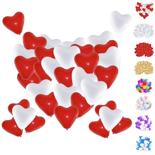 YOUYIKE 50 Pcs Herzluftballons Rot Weiß, 12 Zoll Luftballons, Latex Ballon Helium Ballons Herzluftballons Hochzeit für Hochzeits Brautdusche Valentinstag Geburtstags Verlobung Party Deko