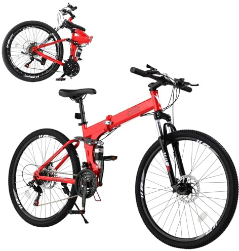 Ktaxon Folding Mountain Bike 21-Speed Adult Bikes 26 Inch Bike with High Carbon Steel Frame, Double-Kill Disc Brake System, Thickened Shock-Absorbing Front Fork (Red)