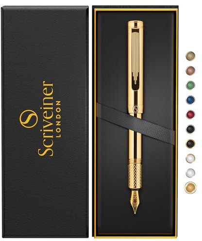 Scriveiner Gold Luxury Fountain Pen (Medium) - Award Winning - Heavy Pocket Pen, Real Gold Plating, German Nib & Converter, Nice Gift Pens for Men & Women