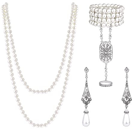 SAVITA 1920er Accessoires Set, 3 Stck. 20s Schmuck Jahre-Kunstperlen Halskette und Ohrringe Armband-Ring-Set 20er Jahre Flapper Accessoires Damen für Gatsby-Party Frauen und Mädchen