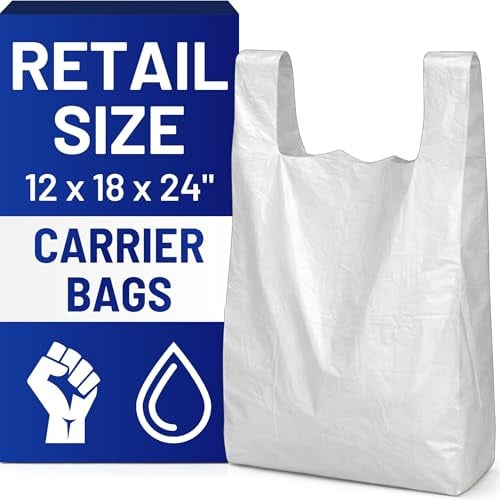 Plastic Carrier Bags White - Standard Retail Size 12x18x24, 1000 Pack | Standard Retail Size, Medium Duty, Large Carrier Bag with Handles, Groceries Retail Shopping Takeaway Bin