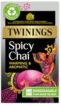 Twinings Spicy Chai Tea Warming & Aromatic Black Tea Spices of Cinnamon, Clove & Ginger with Assam Tea Base, 40 Biodegradable Tea Bags
