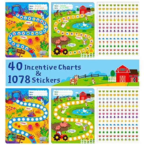 40er-Pack Incentive-Diagramm, 2 entzückende Designs mit 1078 Aufklebern für Unterricht im Klassenzimmer/Belohnung/Familie für Hausaufgaben, Anwesenheit, positives Verhalten, Aufgaben, Töpfchentraining
