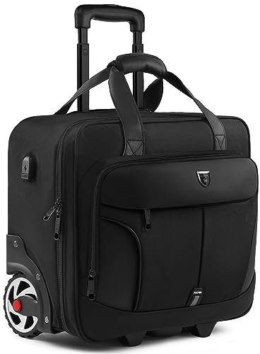 RUCYEN Laptoptasche mit Rollen, Aktentasche für Damen und Herren, Laptop-Aktentasche auf Rollen, Handgepäcktasche für Geschäftsreisen, Schwarz + schwarzer Reißverschluss, 17.3 inch, Arbeit