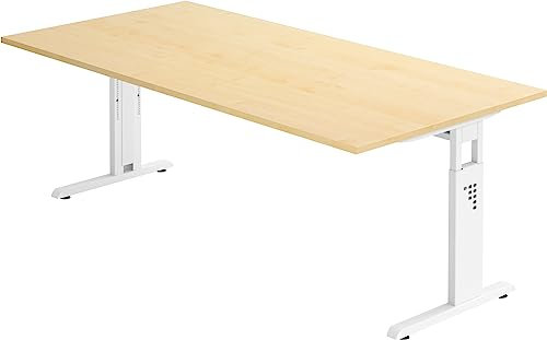 bümö höhenverstellbarer Schreibtisch O-Serie 200x100 cm in Ahorn, Gestell in weiß - großer PC Tisch für's Büro manuell höhenverstellbar, Computertisch verstellbar