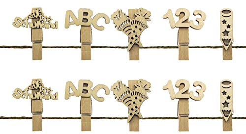 Oblique Unique® Mini Wäscheklammern aus Holz mit Schulkind Zahlen ABC Stift Zuckertüte Motiv für Schuleinführung Einschulung Schulanfang Streudeko Tischdeko (Natur)