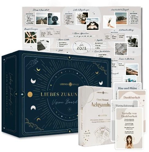 LEBENSKOMPASS® Vision Board Set Liebes Zukunfts-Ich mit 40 Achtsamkeitskarten mit Affirmationen, Inspirationen und Motivationskarten - Set für Selbstreflexion und Entwicklung