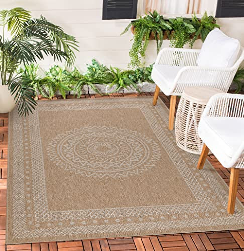 Teppium Outdoor Teppich Wetterfest 300x400 (280 x 370 cm) Beige Sisal & Jute Optik - Küchenteppich Waschbar rutschfest, Wasserfest, Boho, Pflegeleicht - Ideal für Balkon, Terassen, Garten, Camping