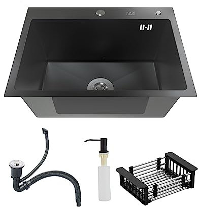 ANW HOME Fregadero de Cocina Graphite 55x43 cm con Sifón, Escurridor de Cestillo y Dispensador de Jabón de 350 ml, Fregadero de Cocina de Acero Inoxidable 304 con 2 Agujeros para Grifo