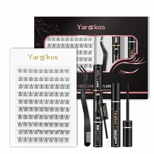 4-in-1 DIY Individual Lash Extension Kit, 100Pcs False Lashes Clusters, C Curl Mix 10/12/14/16mm, Bond and Seal Glue, Eyelash Make Up Remover, Lash Tweezers, Home Use Lash Extensions Set, Black-B2