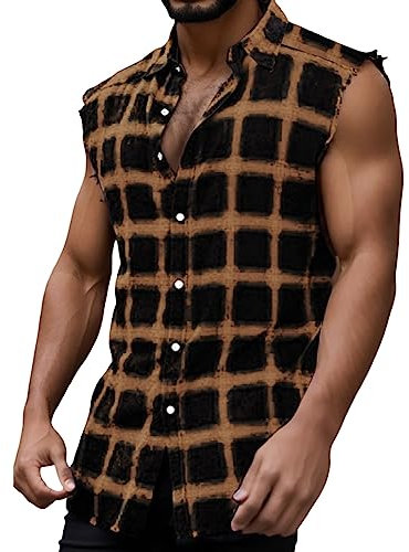 2024 AI - Herren Sommer Mode Casual Plaid Druck Schnalle Schleifen Ärmelloses T-Shirt Weste Medium Hemd, gelb, M