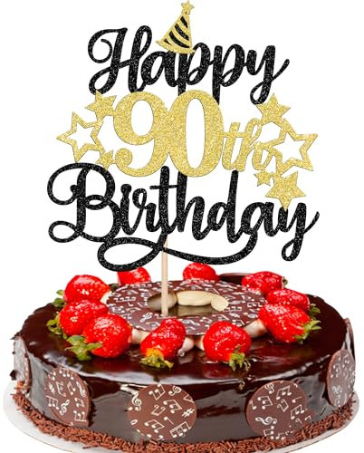Xsstarmi 1 Pack Happy 90th Birthday Cake Topper Star Hat Glitter Cheers to 90 Years Birthday Cake Pick 90 Fabulous Cake Decorations for Happy 90th Birthday Anniversary Party Supplies Black Gold