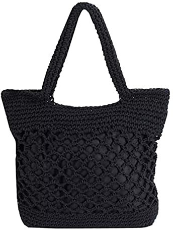 Aigner Taschen Damen Schwarz Damen Sommer Freizeit ausgehöhlter gewebter Gürtel mit Strandtasche in der Tragetasche Hand Taschen Für Sommer (Black, One Size)