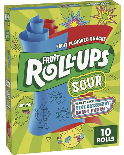Fruit Roll-Ups Sortimentspackung mit Fruchtgeschmack, 142 ml, 10 Stück | Blue Razzberry & Berry Punch Saure Aromen, Gelatinefrei, Gute Quelle für Vitamin C, Zungentattoos