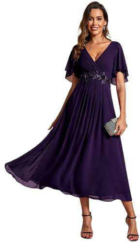Ever-Pretty Vestito Donna Elegante Abito Cerimonia Donna con Applique e Collo V Midi Maniche a Volant Chiffon Stile Impero Viola Scuro 50