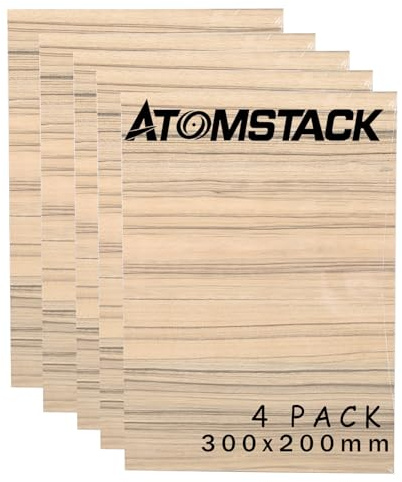 ATOMSTACK 4 Stück Bassen-Walnuss Auswahl an geprüften Naturstämmen lasergeschnittenes Sperrholz 1/8 Stärke, A4 Format Bastelbrett 300x200mm, natürliche Bergmaserung, CNC Schnitt, Bemalung, DIY Basteln
