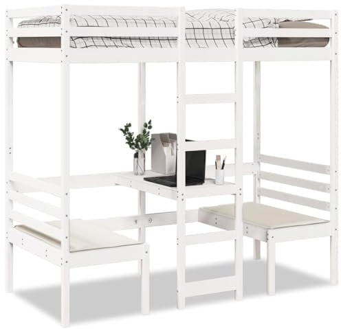 vidaXL Loft Bed Frame with Desk and Chairs - Solid Pinewood, 90x190cm - White