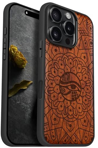 Carveit Holz Handyhülle für iPhone 16 Pro Cover kompatibel MagSafe [Holz und TPU Silikon Hybrid hülle] Magnetisch Case für Apple 16 Pro hulle（Pflaumenfarbe-Mandala Auge des Horus）