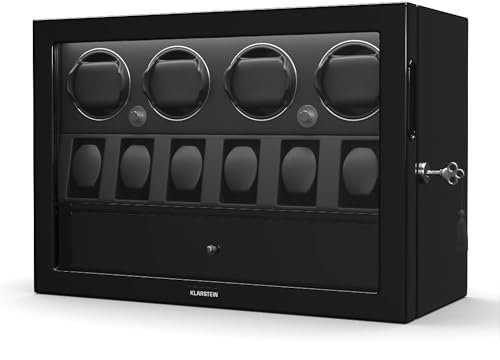 Klarstein ChronoVault Uhrenbeweger für 10 Uhren – Automatik-Uhrenbeweger mit Leisem Japanischem Motor, Veganes Leder, 4 Rotationsmodi & 3 Richtungen, LED-Beleuchtung & Schmuckschublade