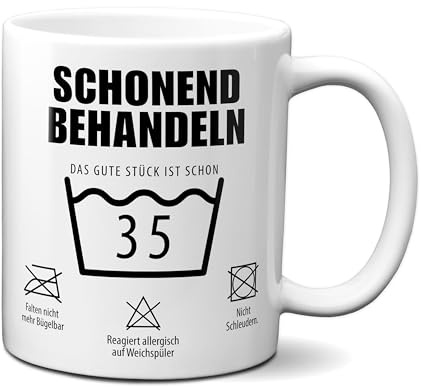 TassenKing Tasse mit Spruch Schonend behandeln Das gute Stück ist schon 35 - Kaffeetasse 35 lustig als Geschenk runder Geburtstag Mann Frau